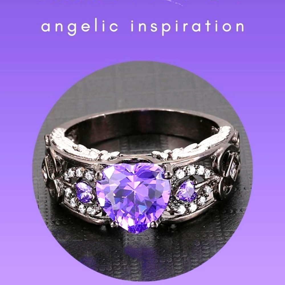 The needed necklace, size 5, heart shaped amethyst, dark angel, black gold ring
